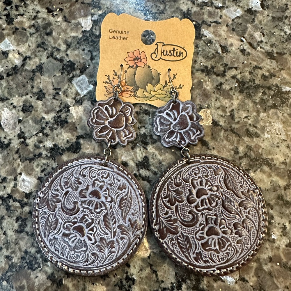 Justin Boots Brown Leather Floral Earrings